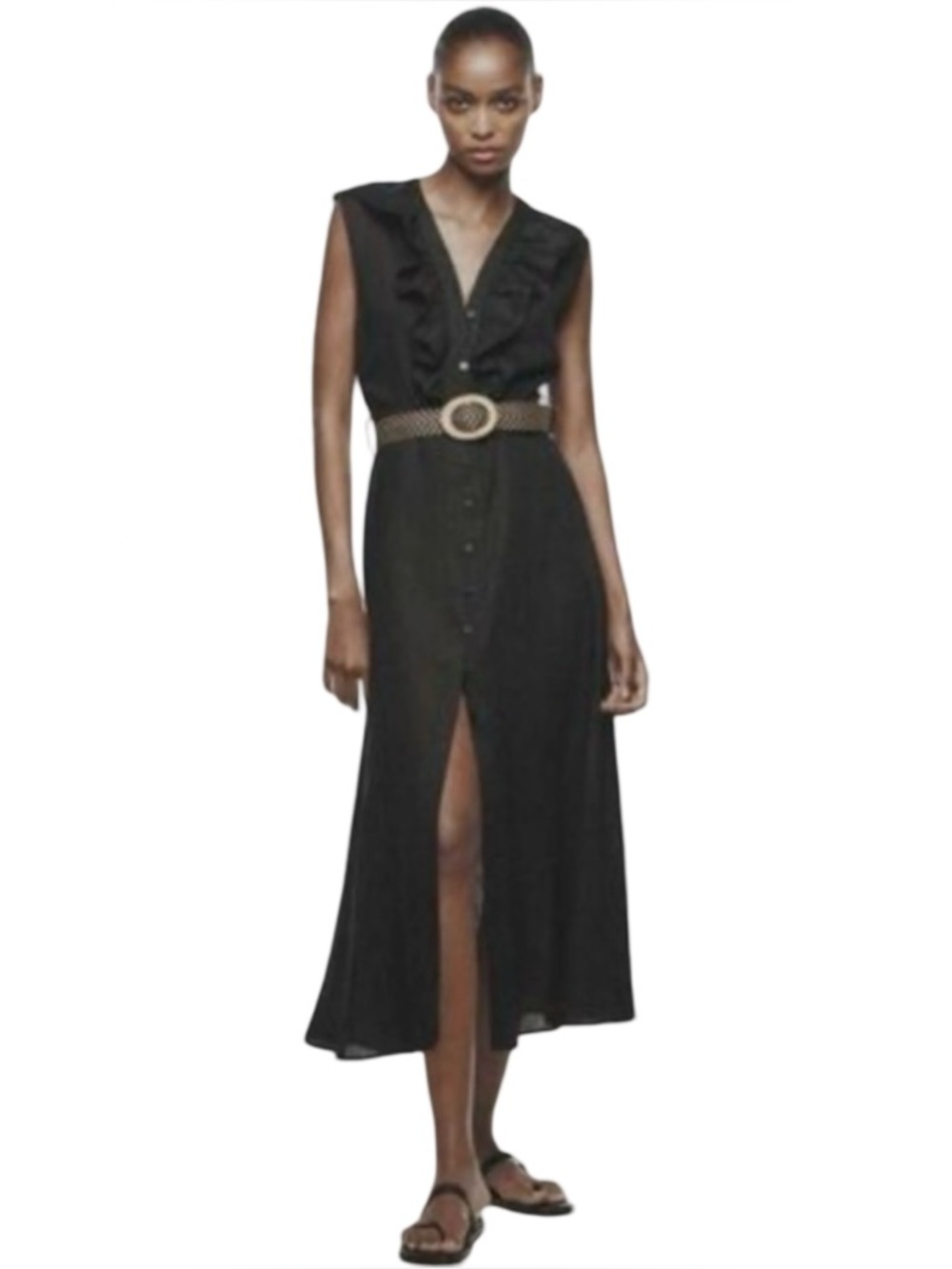 NWT Zara Black Boho Midi Dress Linen Blend Ruffle Neckline Woven Belt